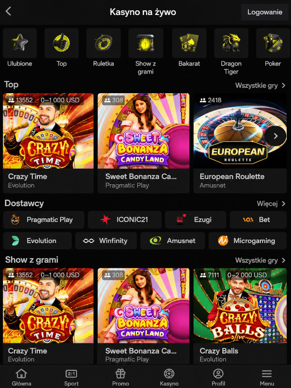 Sekcja Live Casino z grą przeciwko prawdziwemu krupierowi
